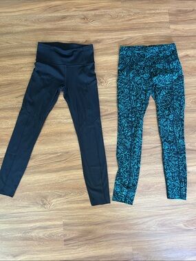 LULULEMON High-Waist Black Leggings and Teal Patterned Leggings Set. Size 4